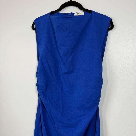 New Cos Gathered Midi Maxi Dress Blue Sleeveless Jersey Elastane Ruched Large - Picture 8 of 9